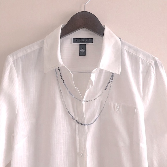 KAREN-SCOTT Petites 3/4 White Oxford Shirt - Picture 8 of 16
